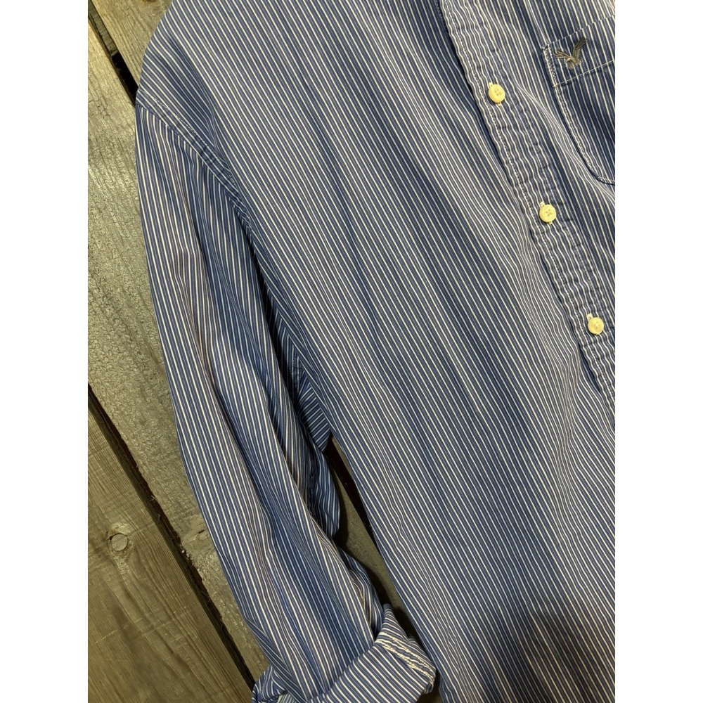 American Eagle Mens Medium Athletic Fit Blue White Stripe Button Up Oxford Shirt - Picture 3 of 8